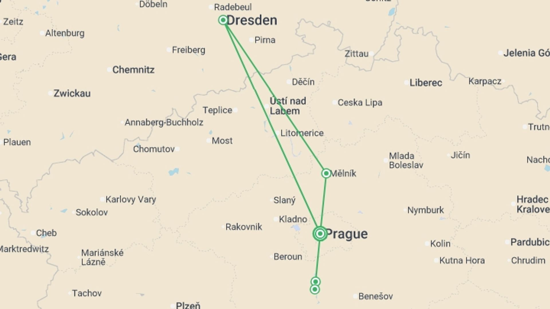 A map showing the tour itinerary for the trip: Prague, Dresden, and the Castles of Bohemia: A Spectacular Cruise on the Elbe and Vltava Rivers, starting in Prague, Czech Republic and ending in Prague, Czech Republic going through 5 other destinations.