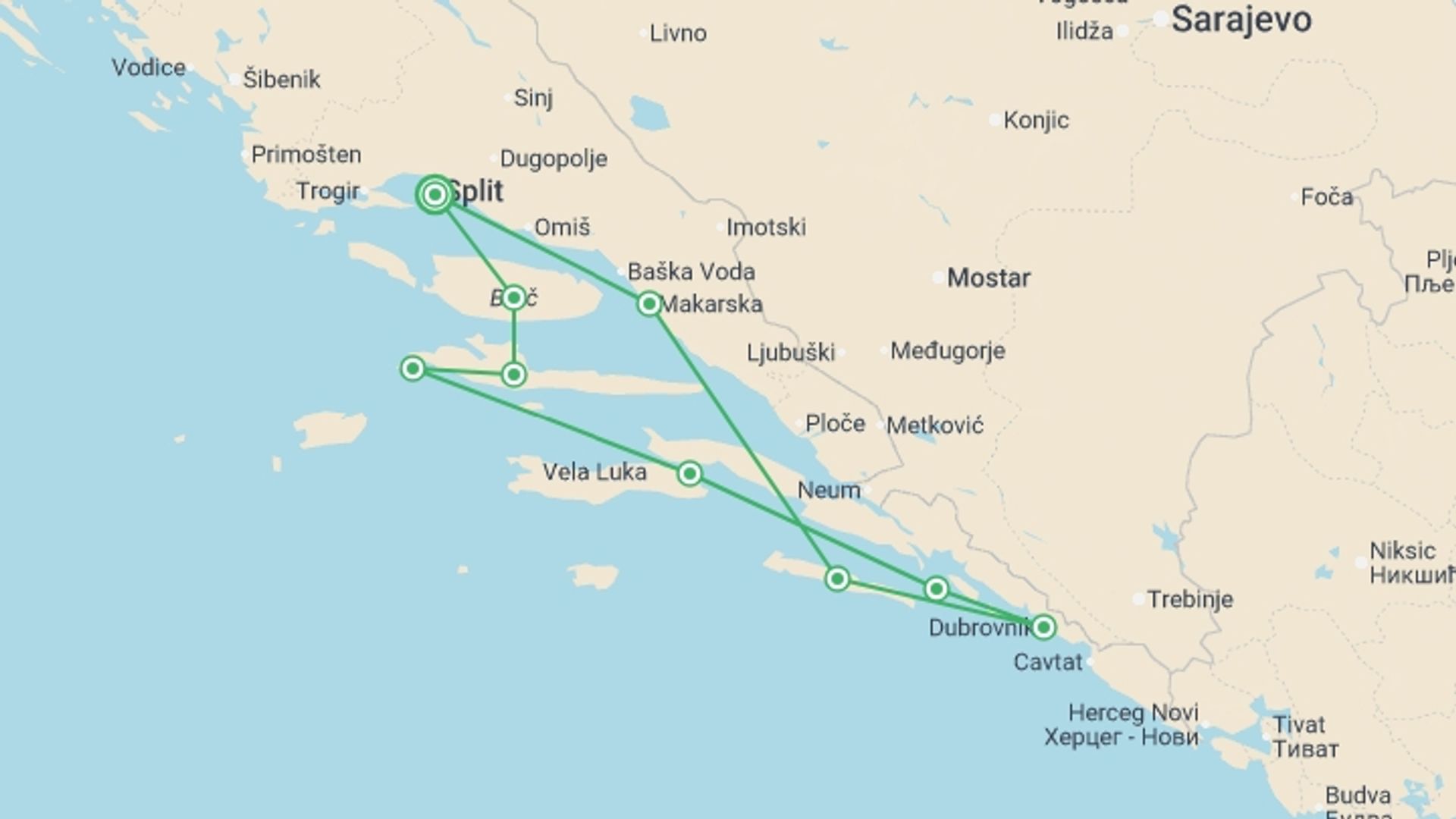 A map showing the tour itinerary for the trip: Sailing Split Premium Plus - 8 days, starting in Split, Croatia and ending in Split, Croatia going through 7 other destinations.