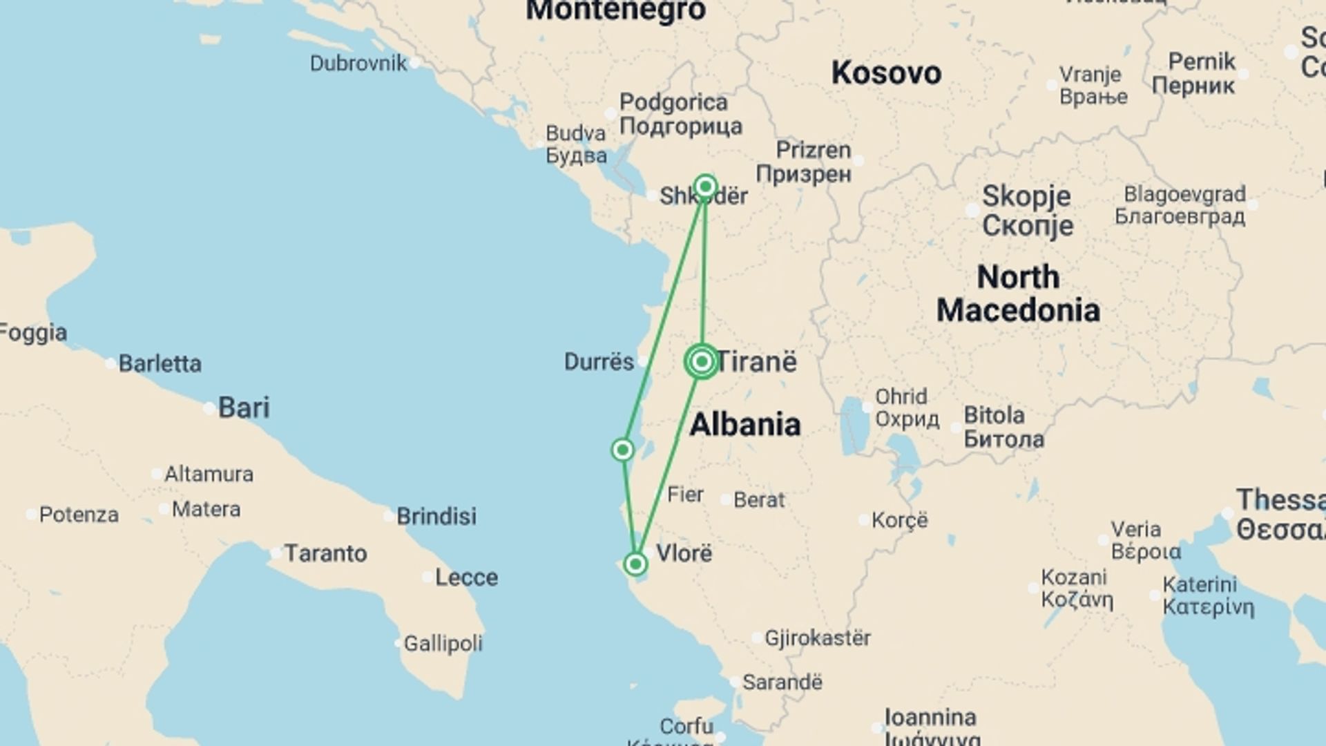 A map showing the tour itinerary for the trip: Albania Adventure, starting in Tirana, Albania and ending in Tirana, Albania going through 3 other destinations.