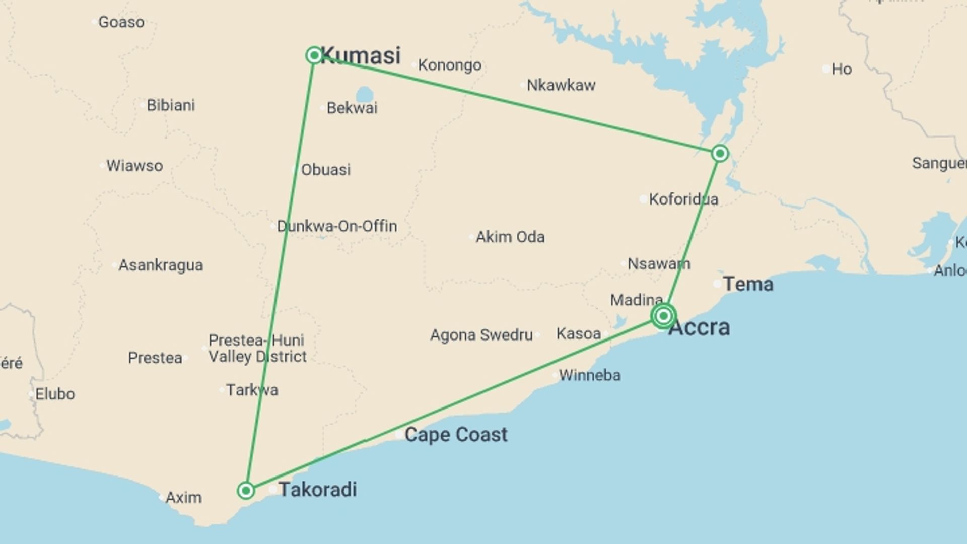 A map showing the tour itinerary for the trip: Ghana Classic Adventure: Cultural Festivals & National Parks, starting in Accra, Ghana and ending in Accra, Ghana going through 3 other destinations.