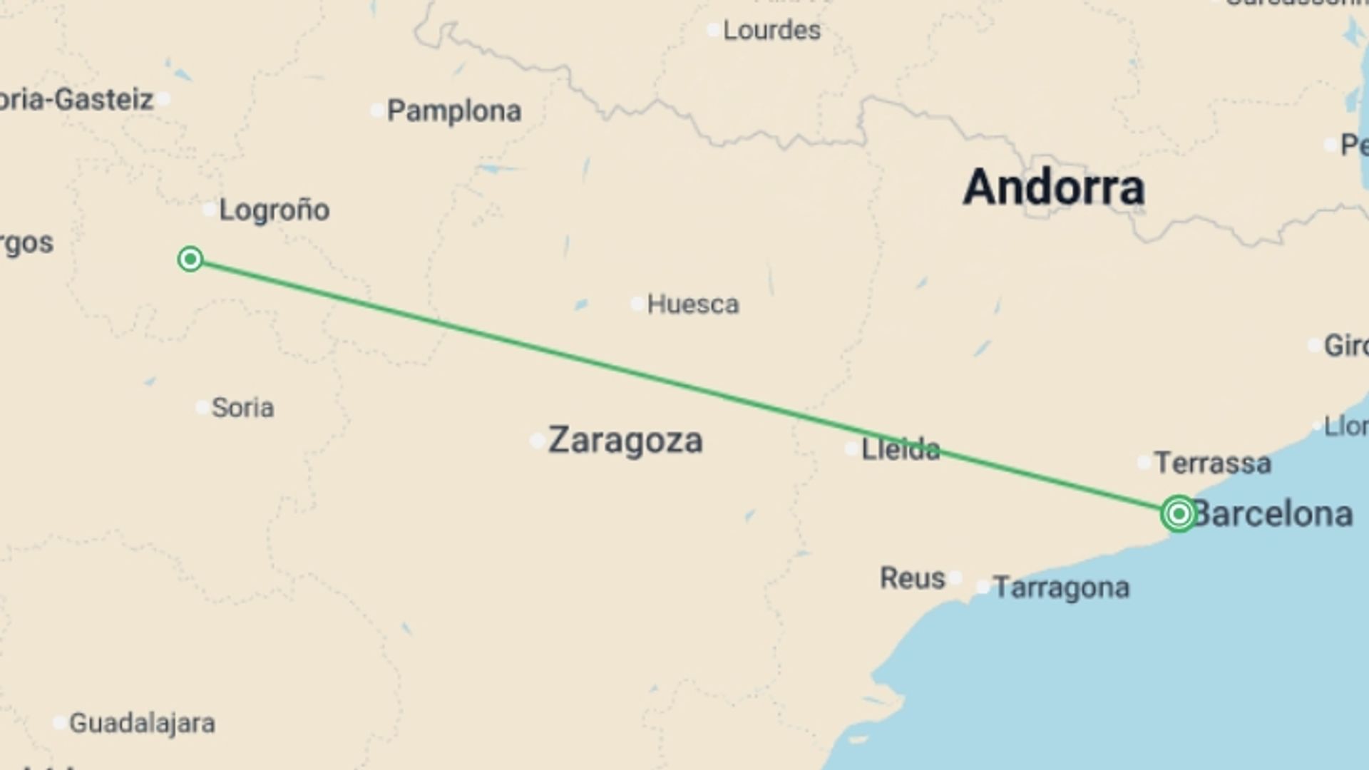 A map showing the tour itinerary for the trip: San Vino Wine Fight Experience 4D/3N, starting in Barcelona, Spain and ending in Barcelona, Spain going through 1 other destinations.