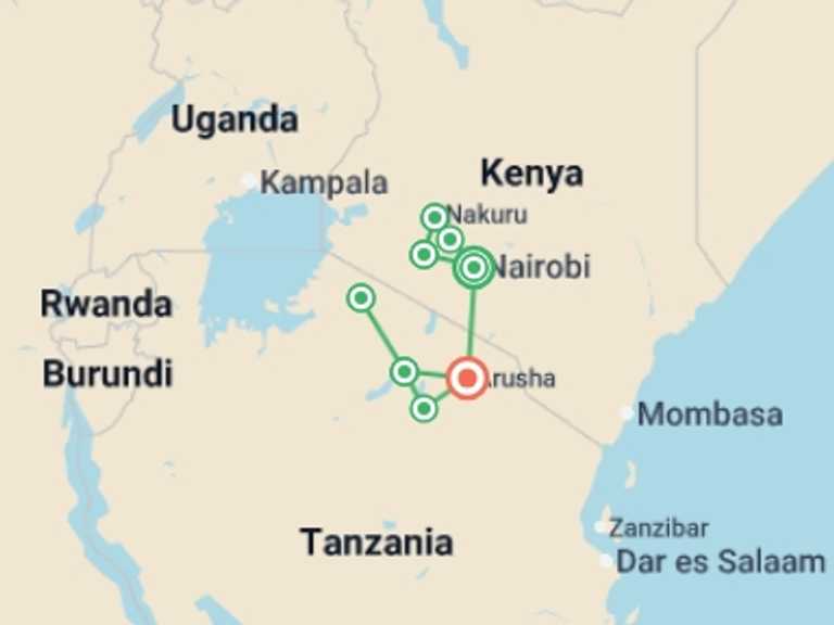 Map itinerary of Africa Tour in September 2026 with 7 destination visits for the trip: Premium Kenya & Tanzania