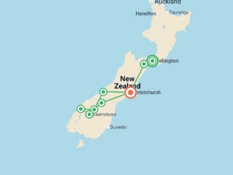 Map itinerary of Oceania Tour in March 2027 with 8 destination visits for the trip: New Zealand's Southern Sounds