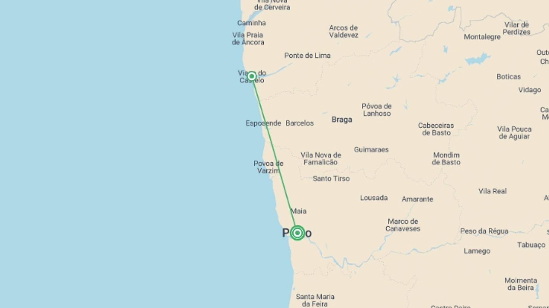 A map showing the tour itinerary for the trip: Tour the Treasures of Portugal, starting in Porto, Portugal and ending in Porto, Portugal going through 1 other destinations.