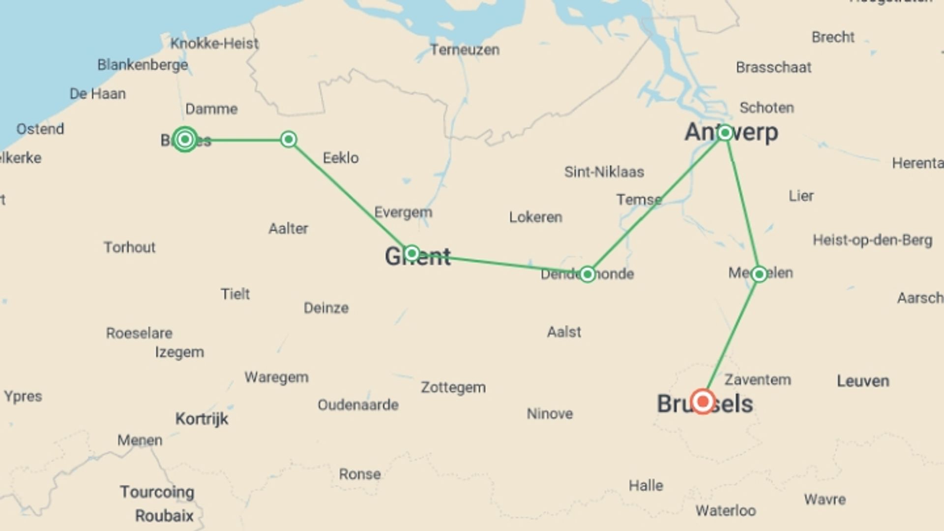A map showing the tour itinerary for the trip: Belgium Cycle - Bruges to Brussels, starting in Bruges, Belgium and ending in Brussels, Belgium going through 5 other destinations.