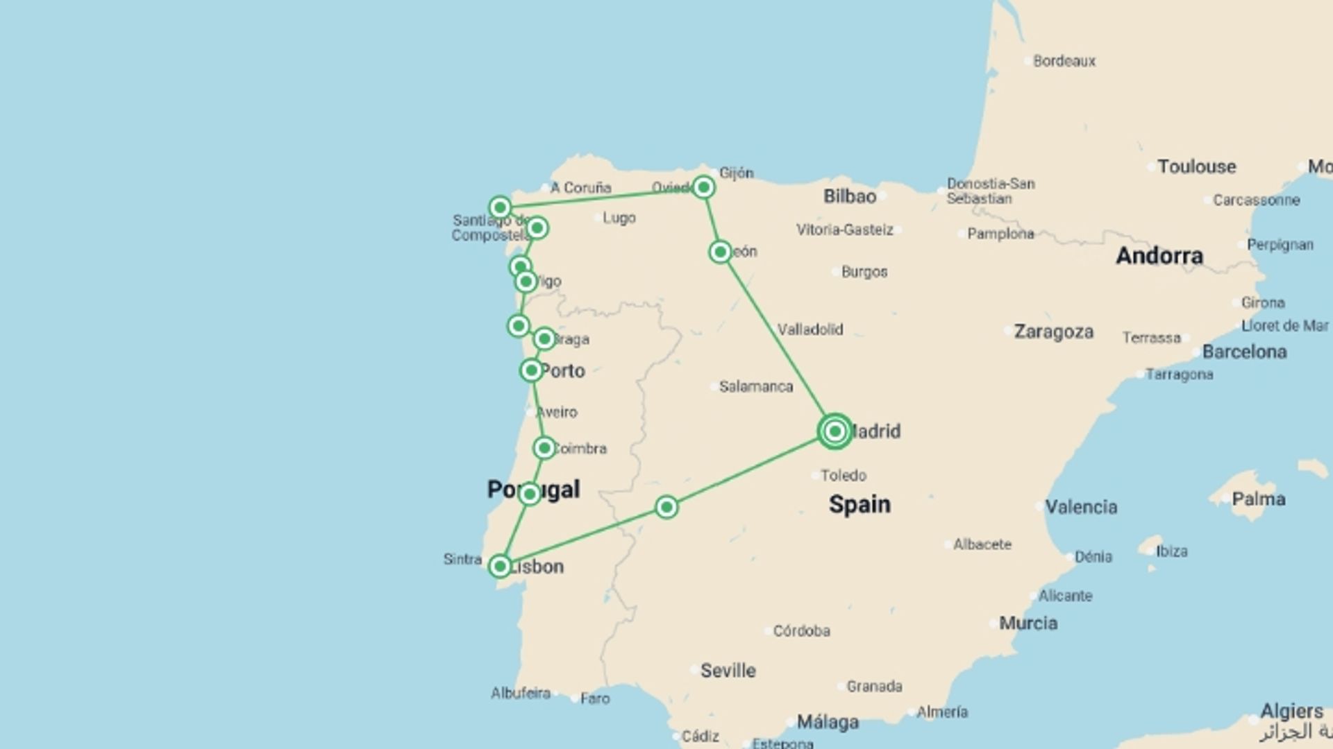 A map showing the tour itinerary for the trip: Highlights of Galicia & Portugal - 10 days, starting in Madrid, Spain and ending in Madrid, Spain going through 7 other destinations.