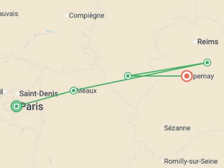 Map itinerary of Paris Tour in October 2026 with 3 destination visits for the trip: Champagne and Paris by Bike and Barge