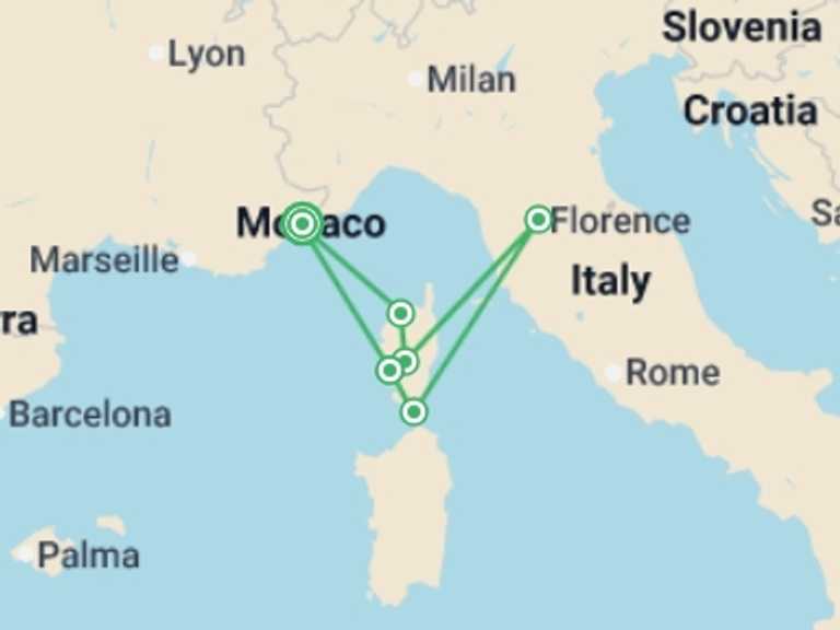 Map of France Cruise Tour with 6 destination visits for the trip: Corsica reveals its hidden treasures (port-to-port package)
