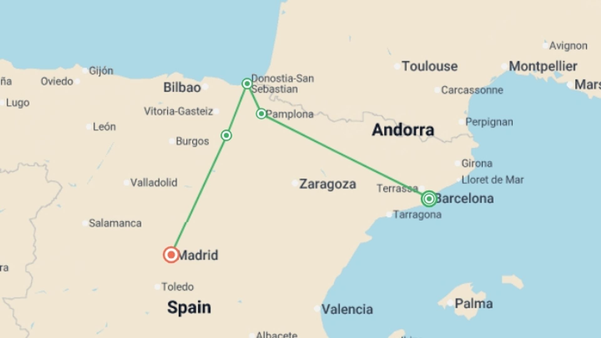 A map showing the tour itinerary for the trip: North Spain Discovery, starting in Barcelona, Spain and ending in Madrid, Spain going through 3 other destinations.