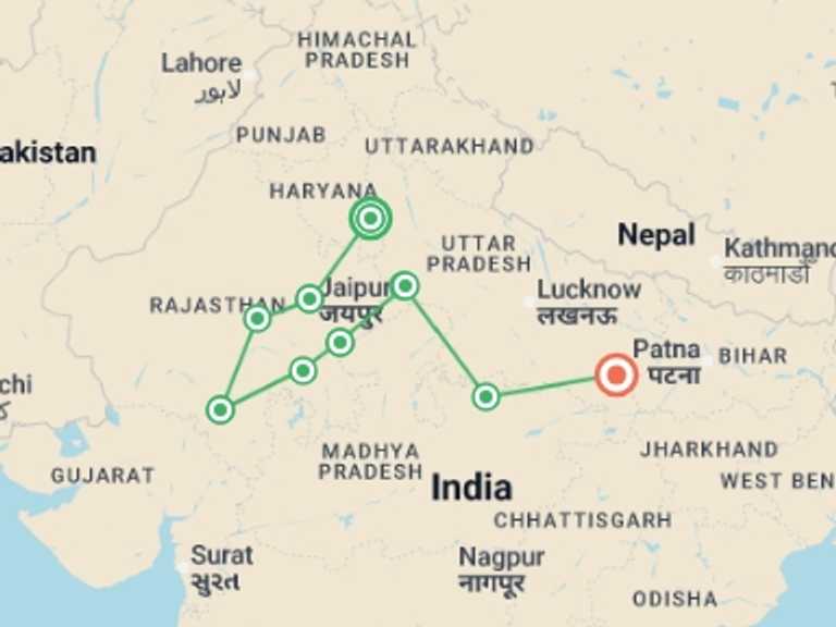 Map itinerary of Asia Tour in October 2026 with 10 destination visits for the trip: Epic North India Delhi to Varanasi (4 Star) - 16 days