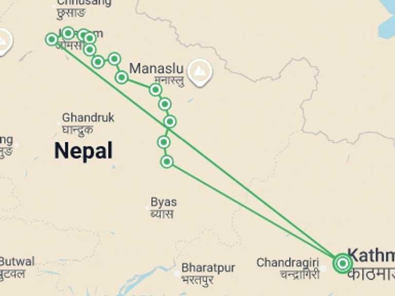 Map of Nepal Tour with 13 destination visits for the trip: Annapurna Circuit via Kang La and Nar