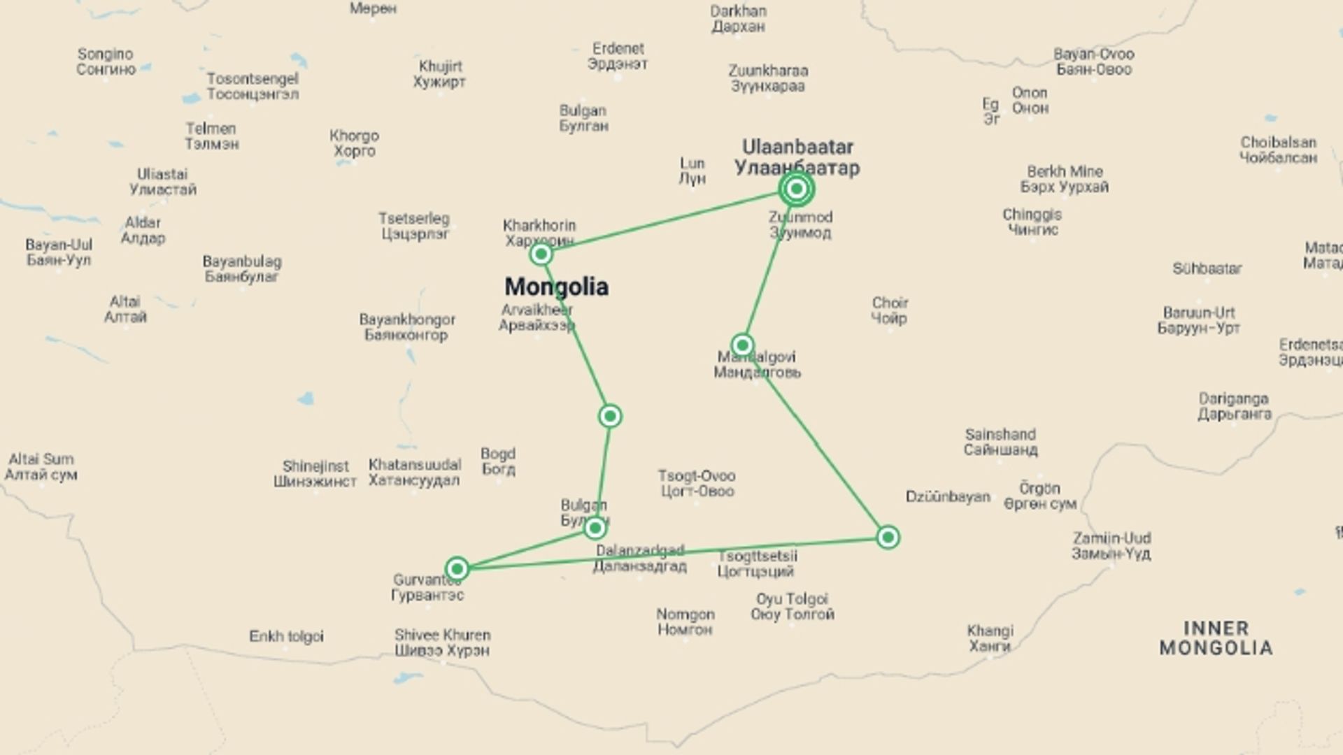 A map showing the tour itinerary for the trip: Mongolian Odyssey with Danshig Naadam, starting in Ulaanbaatar, Mongolia and ending in Ulaanbaatar, Mongolia going through 4 other destinations.
