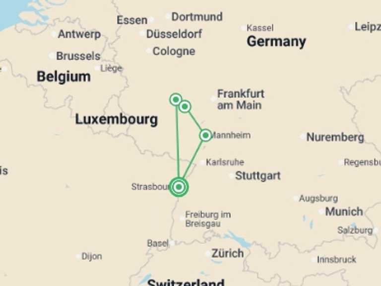 Map itinerary of Europe Tour in October 2026 with 3 destination visits for the trip: The Rhine in celebration (Port-Port)