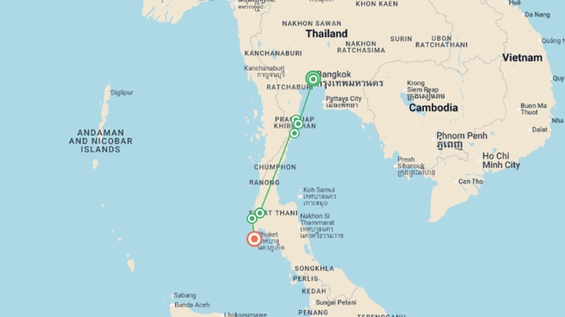 A map showing the tour itinerary for the trip: Family Thailand Beach, Jungle and Wildlife, starting in Bangkok, Thailand and ending in Phuket, Thailand going through 6 other destinations.
