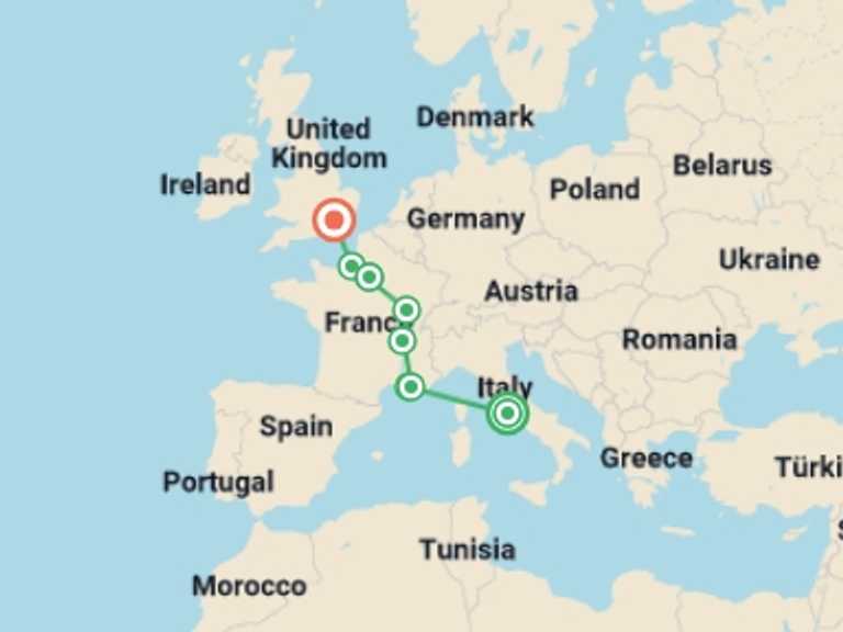 Map itinerary of Mediterranean Tour in October 2026 with 8 destination visits for the trip: From Italy to France with London