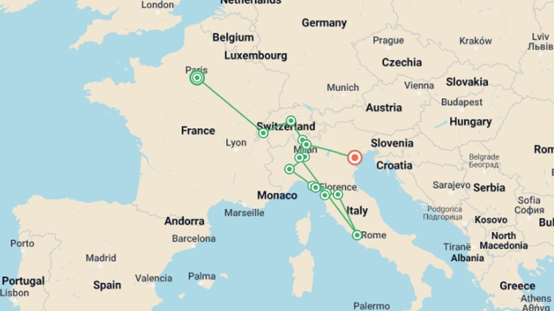 A map showing the tour itinerary for the trip: France, Switzerland, and Italy by Rail, starting in Paris, France and ending in Venice, Italy going through 10 other destinations.