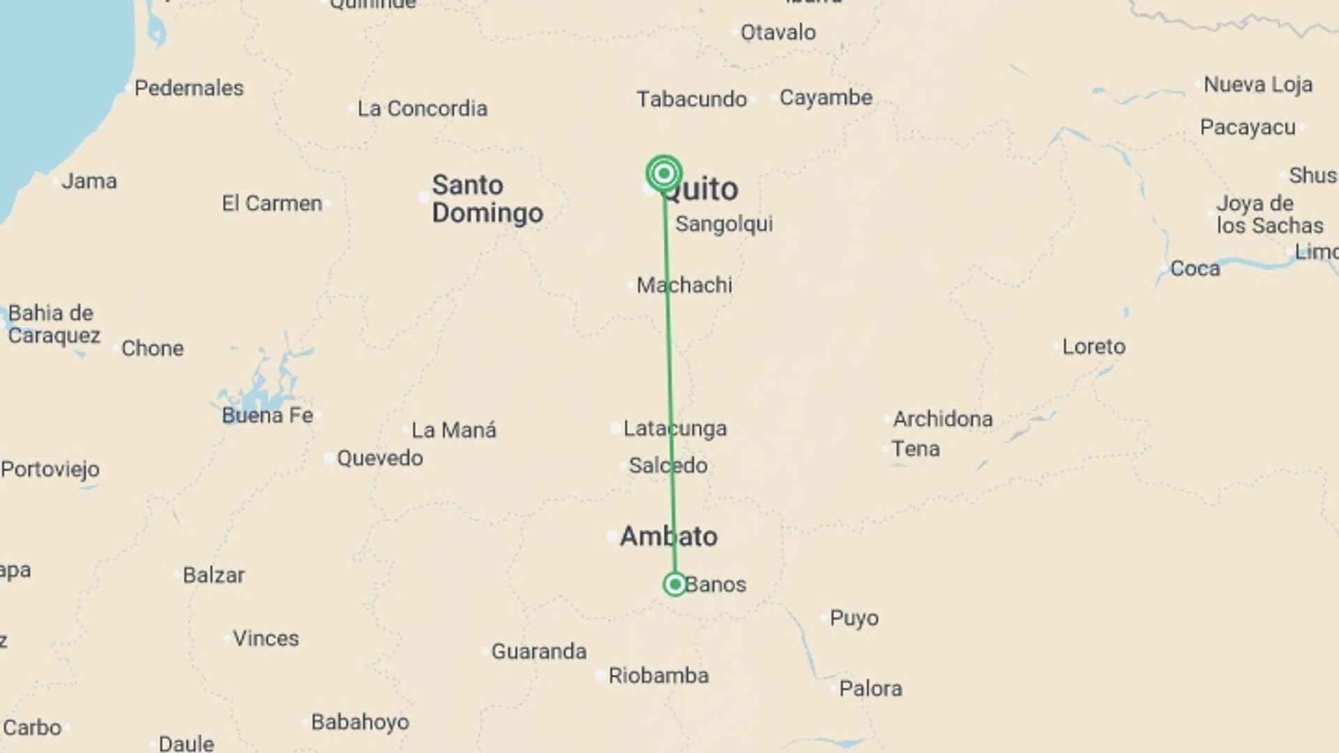 A map showing the tour itinerary for the trip: Banos Adventure 5D/4N, starting in Quito, Ecuador and ending in Quito, Ecuador going through 1 other destinations.
