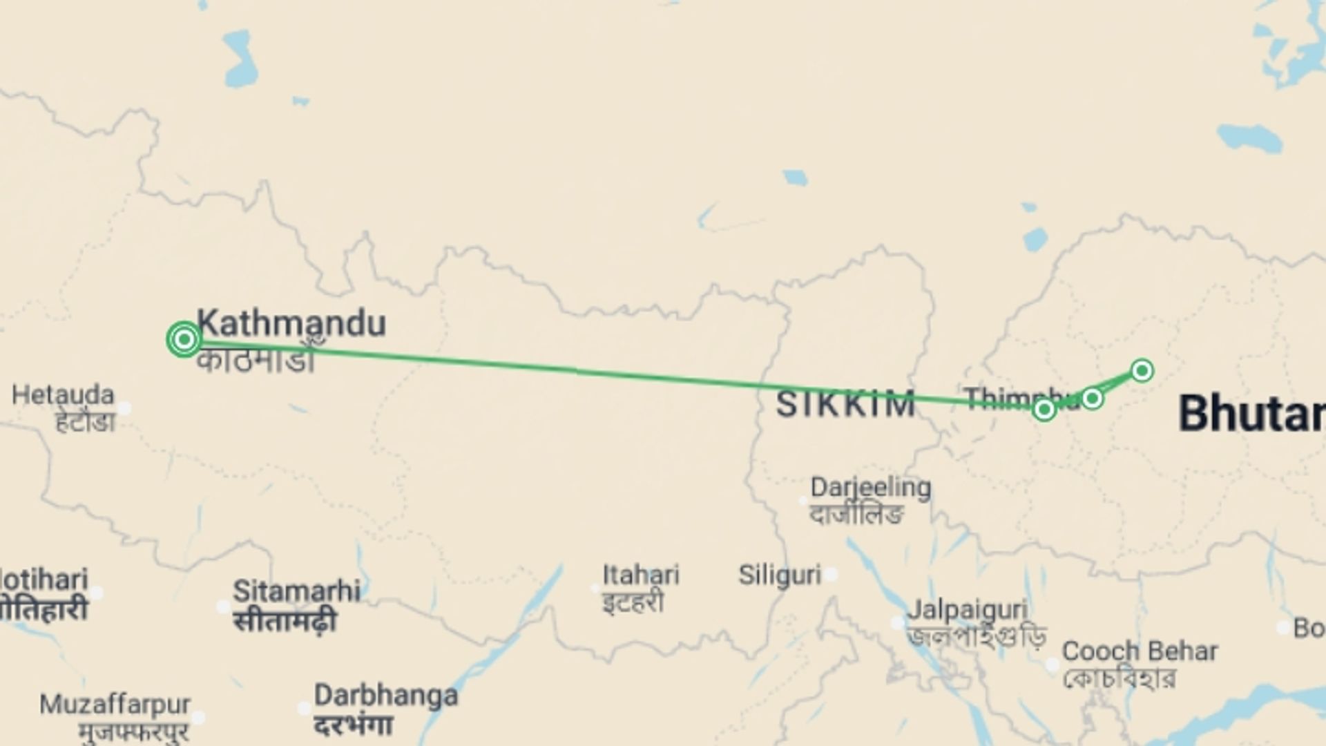 A map showing the tour itinerary for the trip: Nepal & Bhutan - 10 days, starting in Kathmandu, Nepal and ending in Kathmandu, Nepal going through 3 other destinations.