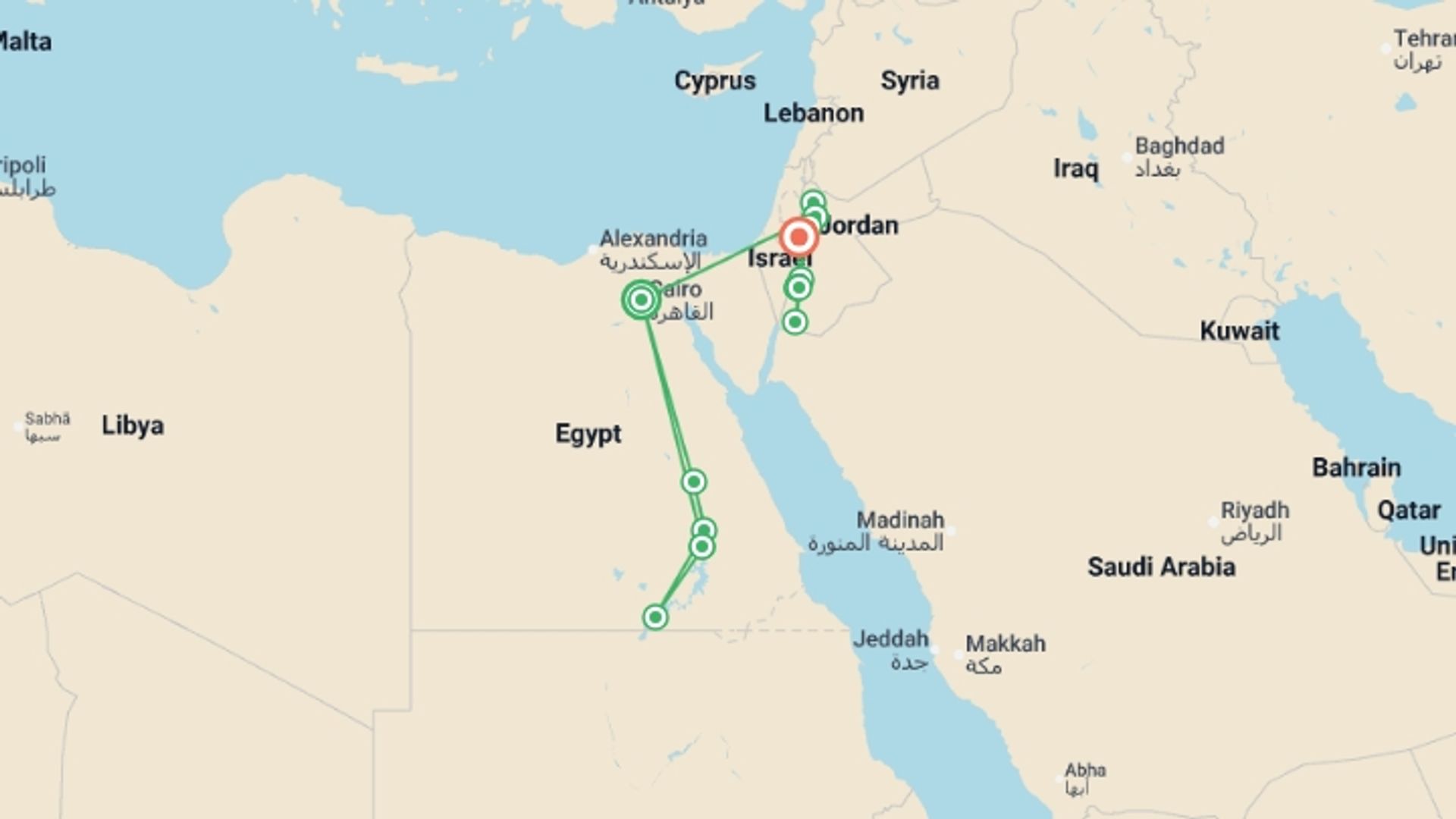 A map showing the tour itinerary for the trip: Budget Felucca Explorer & Totally Jordan - 14 days, starting in Cairo, Egypt and ending in Dead Sea, Jordan going through 7 other destinations.