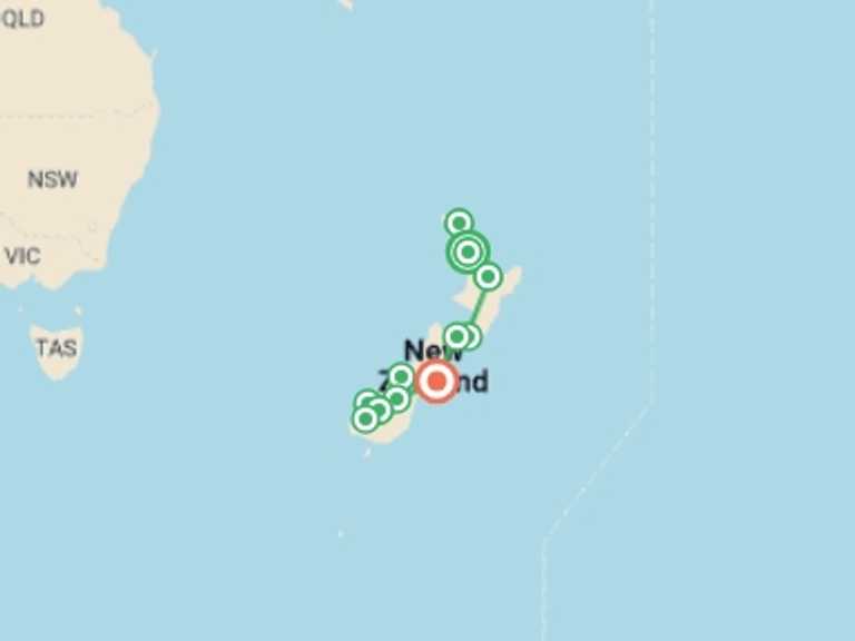 Map of a Sightseeing Tour with 11 destination visits for the trip: Kia Ora New Zealand