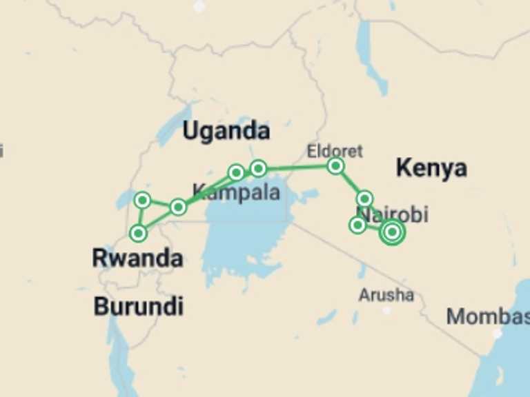 Map of Africa Tour with 9 destination visits for the trip: Kenya to Uganda Overland Safari with Participation Camping