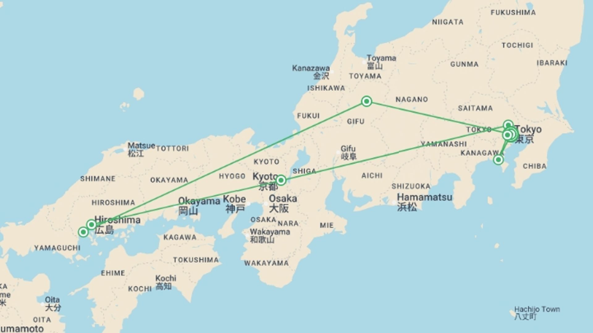 A map showing the tour itinerary for the trip: Tokyo to Takayama - 13 days, starting in Tokyo, Japan and ending in Tokyo, Japan going through 7 other destinations.