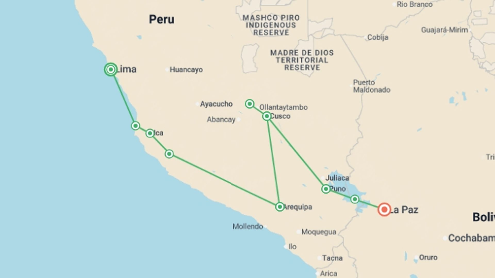 A map showing the tour itinerary for the trip: Mountains to the Lakes, starting in Lima, Peru and ending in La Paz, Bolivia going through 9 other destinations.