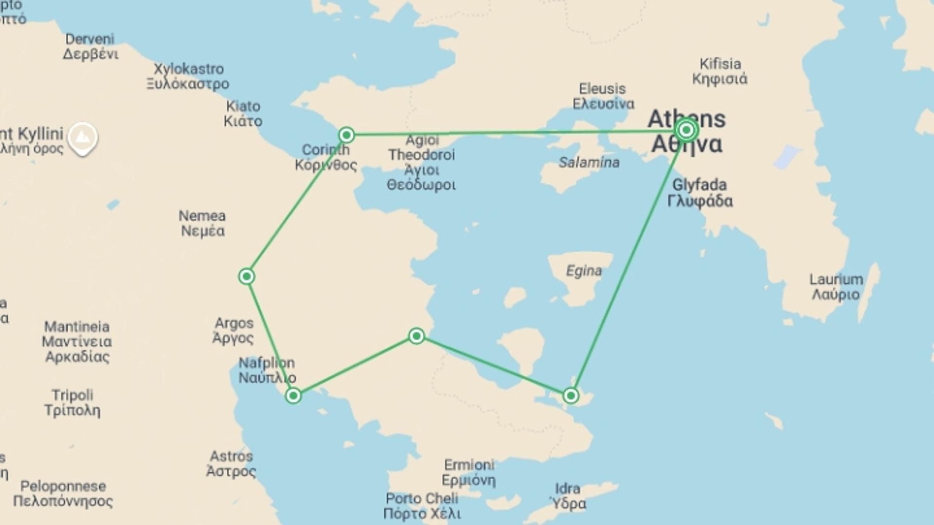 A map showing the tour itinerary for the trip: Cycling in Greece, starting in Athens, Greece and ending in Athens, Greece going through 5 other destinations.