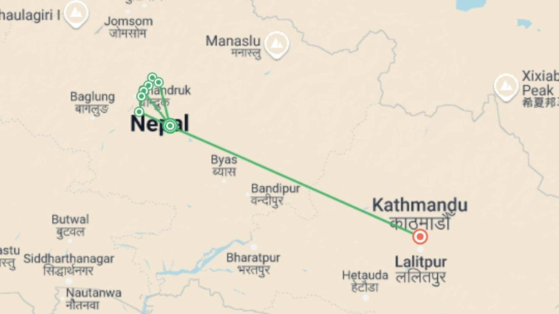A map showing the tour itinerary for the trip: Mardi Himal Trek, starting in Pokhara, Nepal and ending in Pokhara, Nepal going through 7 other destinations.