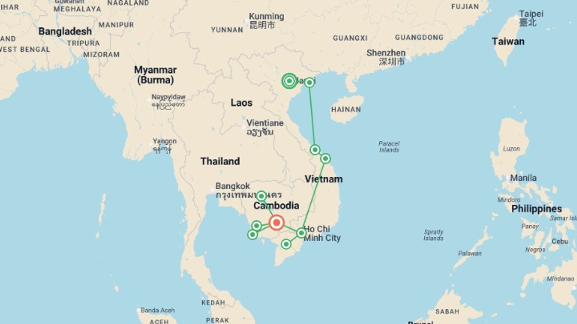 A map showing the tour itinerary for the trip: Solo-ish Vietnam & Cambodia, starting in Hanoi, Vietnam and ending in Phnom Penh, Cambodia going through 9 other destinations.