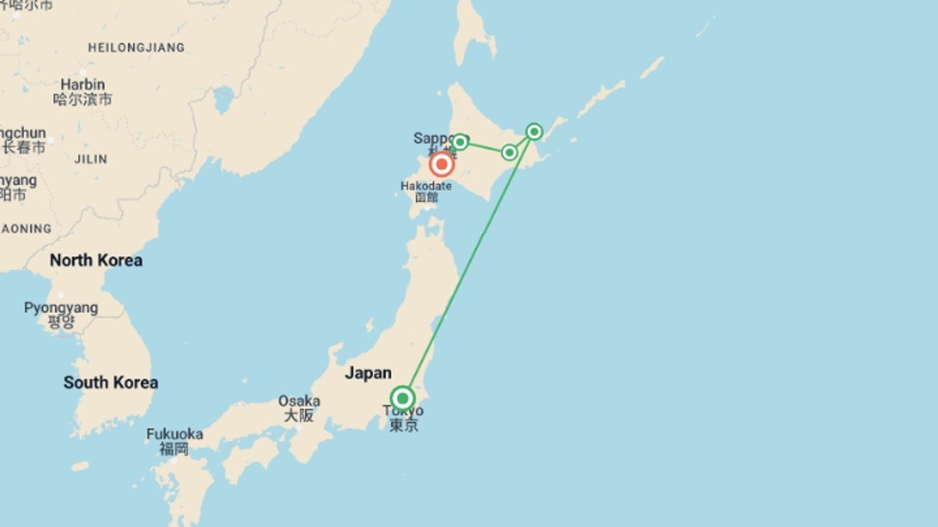 A map showing the tour itinerary for the trip: Active Japan: Hokkaido Adventure, starting in Tokyo, Japan and ending in Sapporo, Japan going through 3 other destinations.