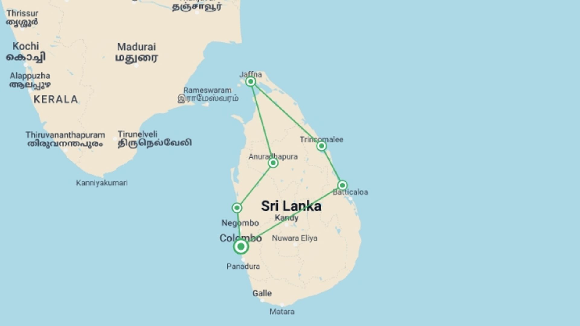 A map showing the tour itinerary for the trip: Sri Lanka North East & Beach - 10 Days, starting in Colombo, Sri Lanka and ending in Colombo, Sri Lanka going through 5 other destinations.