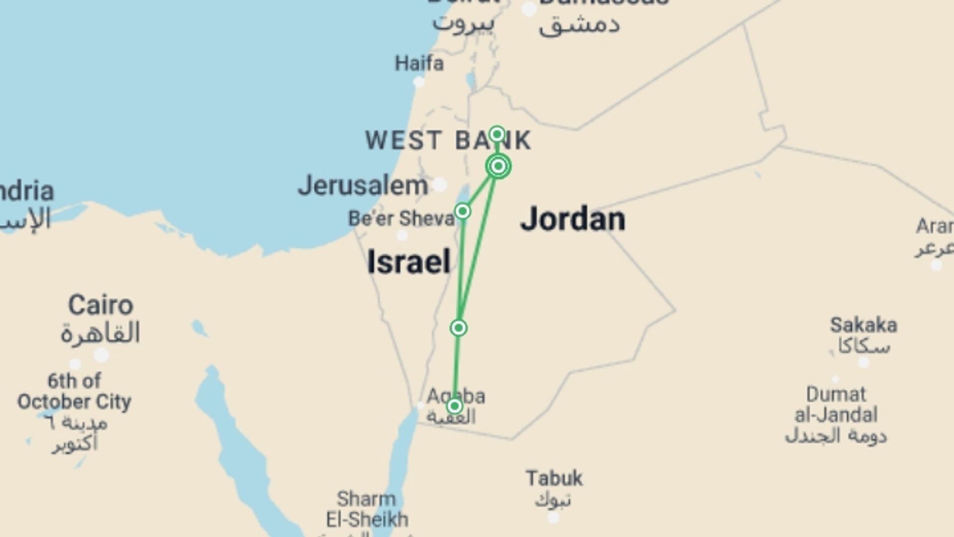 A map showing the tour itinerary for the trip: A Week in Jordan, starting in Amman, Jordan and ending in Amman, Jordan going through 5 other destinations.
