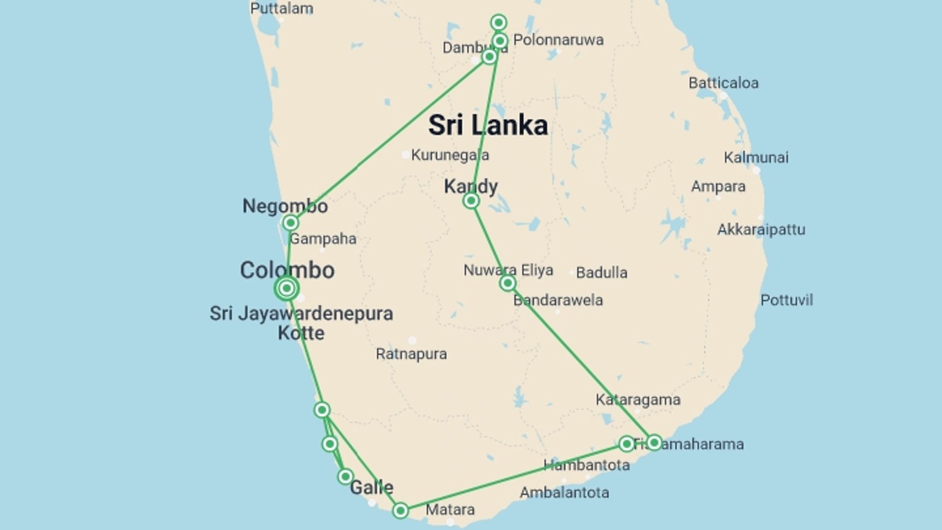 A map showing the tour itinerary for the trip: Exclusive Tea Tour, Private Tour, starting in Colombo, Sri Lanka and ending in Colombo, Sri Lanka going through 7 other destinations.