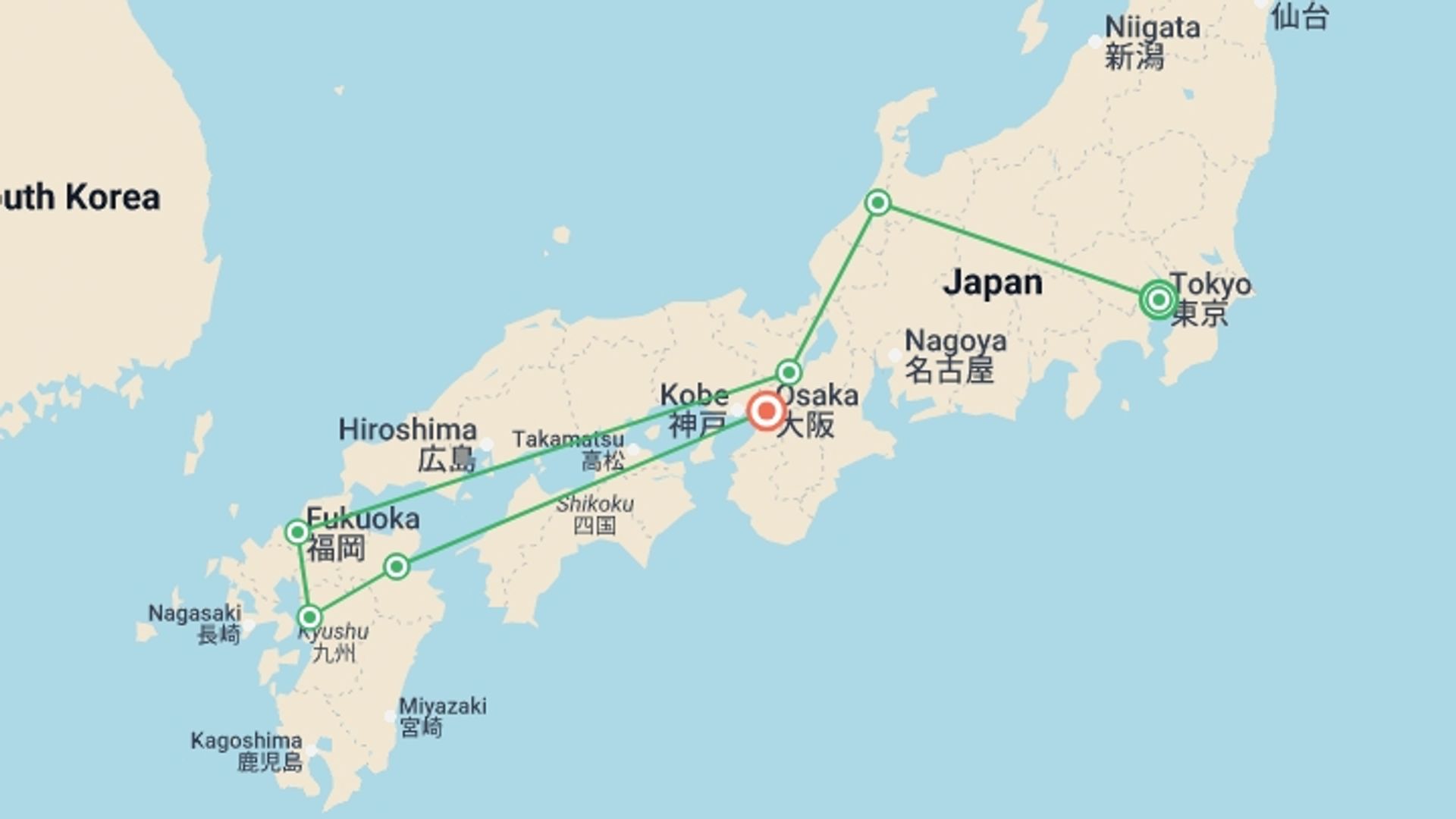 A map showing the tour itinerary for the trip: Timeless Japan - 13 days, starting in Tokyo, Japan and ending in Osaka, Japan going through 5 other destinations.