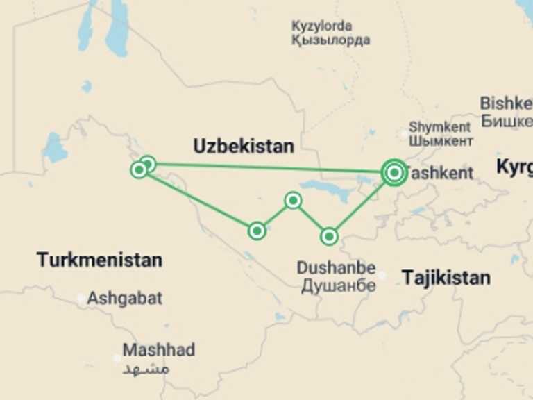 Map itinerary of Uzbekistan Tour in May 2026 with 6 destination visits for the trip: The Silk Road of Uzbekistan