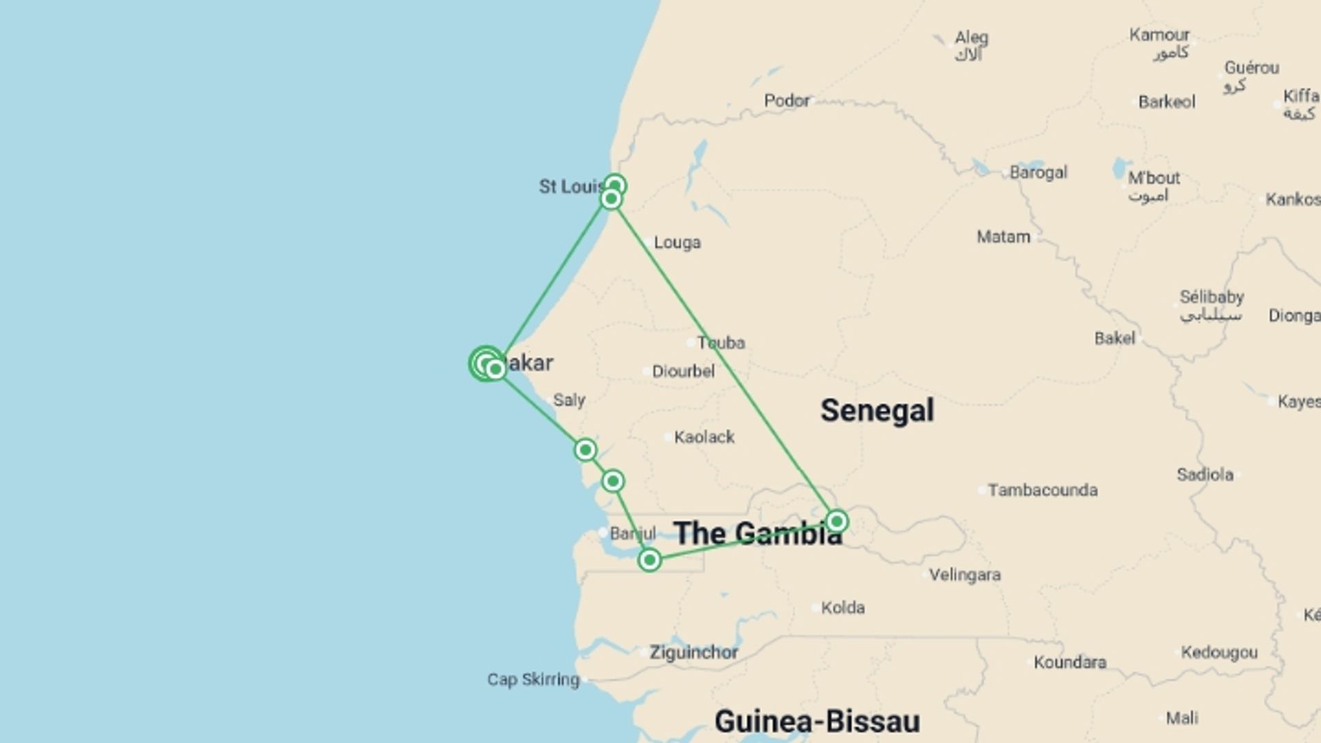 A map showing the tour itinerary for the trip: Senegal and The Gambia, starting in Dakar, Senegal and ending in Saly, Senegal going through 0 other destinations.