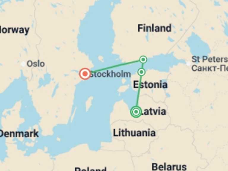 Map itinerary of Europe Tour in June 2026 with 4 destination visits for the trip: Baltics to the Nordics - 10 days