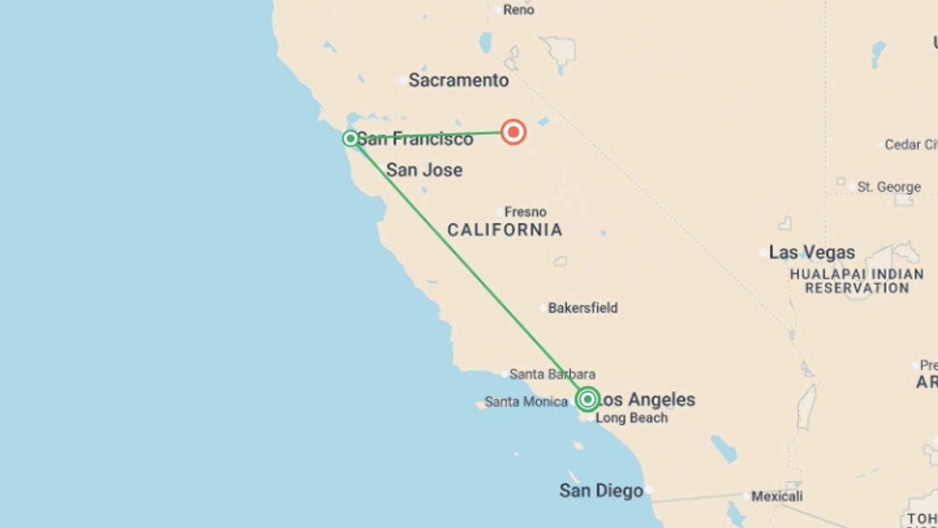 A map showing the tour itinerary for the trip: Best of Cali Express - 3 days, starting in Los Angeles, USA and ending in Yosemite National Park, USA going through 1 other destinations.