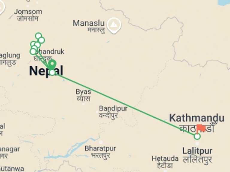Map of Pokhara Adventure Tour with 9 destination visits for the trip: Short Annapurna Base Camp