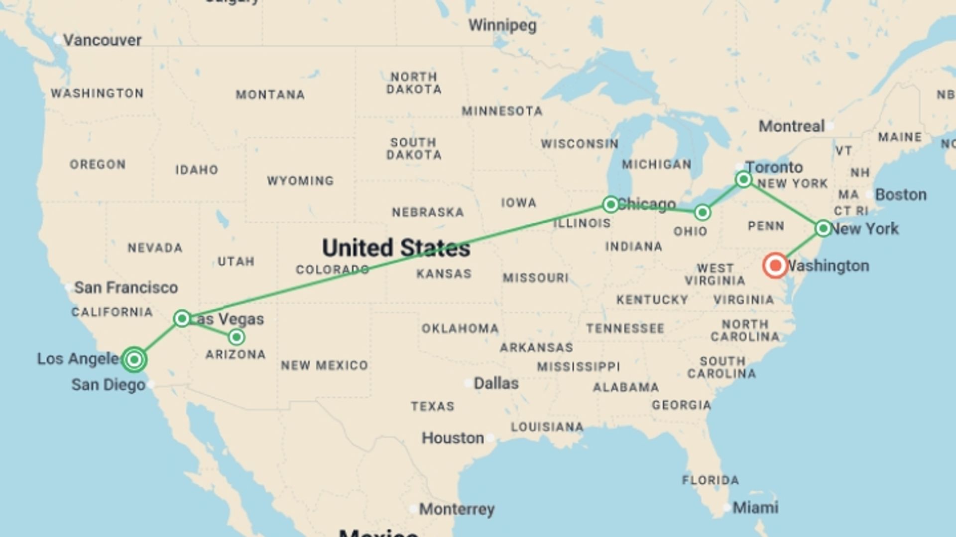 A map showing the tour itinerary for the trip: From the West with Chicago and NY, Ending in Washington, starting in Los Angeles, USA and ending in Washington D.C., USA going through 6 other destinations.