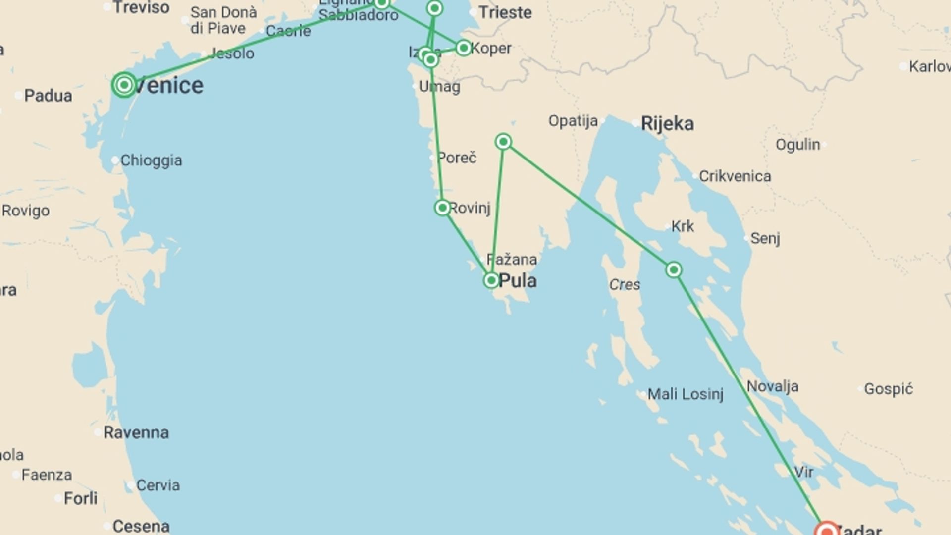 A map showing the tour itinerary for the trip: Sailing Italy to Croatia, starting in Venice, Italy and ending in Zadar, Croatia going through 4 other destinations.