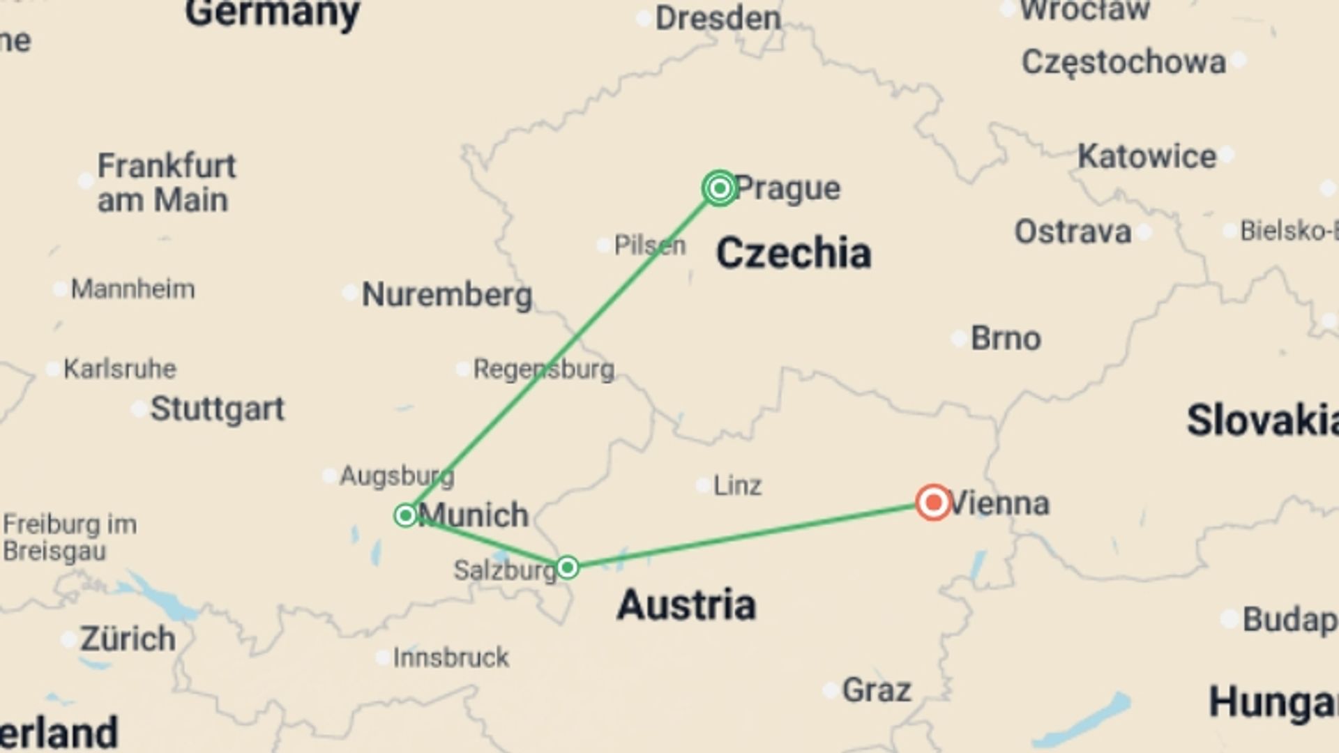 A map showing the tour itinerary for the trip: Prague, Munich and Austria, starting in Prague, Czech Republic and ending in Vienna, Austria going through 2 other destinations.