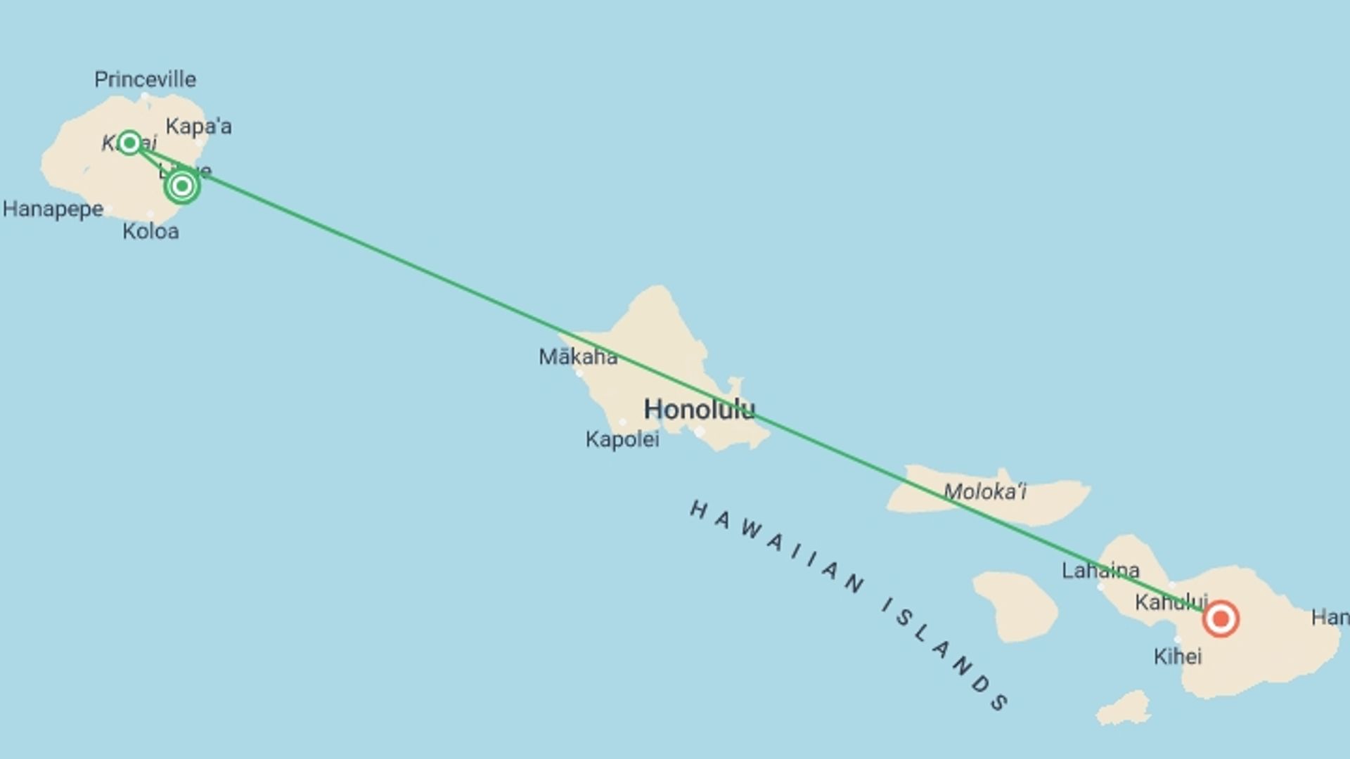 A map showing the tour itinerary for the trip: Aloha Hawaii - Discovering Kauai and Maui, starting in Lihue, USA and ending in Maui, USA going through 2 other destinations.