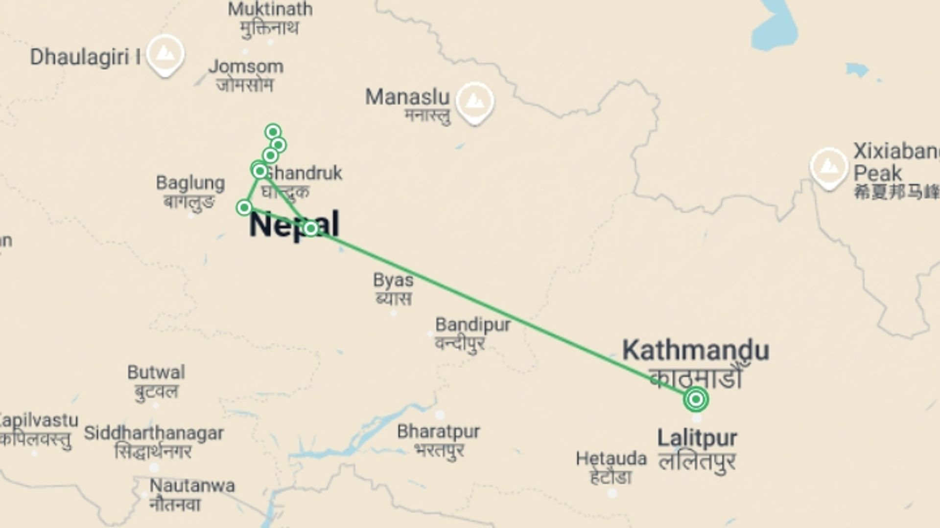 A map showing the tour itinerary for the trip: Annapurna Base Camp Trek , starting in Kathmandu, Nepal and ending in Kathmandu, Nepal going through 7 other destinations.