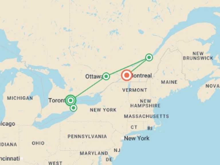 Map of 9-Day Canada Tour with 5 destination visits for the trip: Best of Eastern Canadian Cities featuring Niagara Falls, Ottawa, Quebec City & Montreal