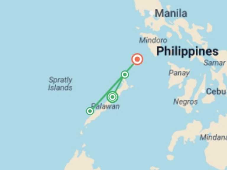 Map itinerary of Coron Tour in Spring with 4 destination visits for the trip: Palawan and Coron: Underground Rivers, Snorkeling & Island Hopping
