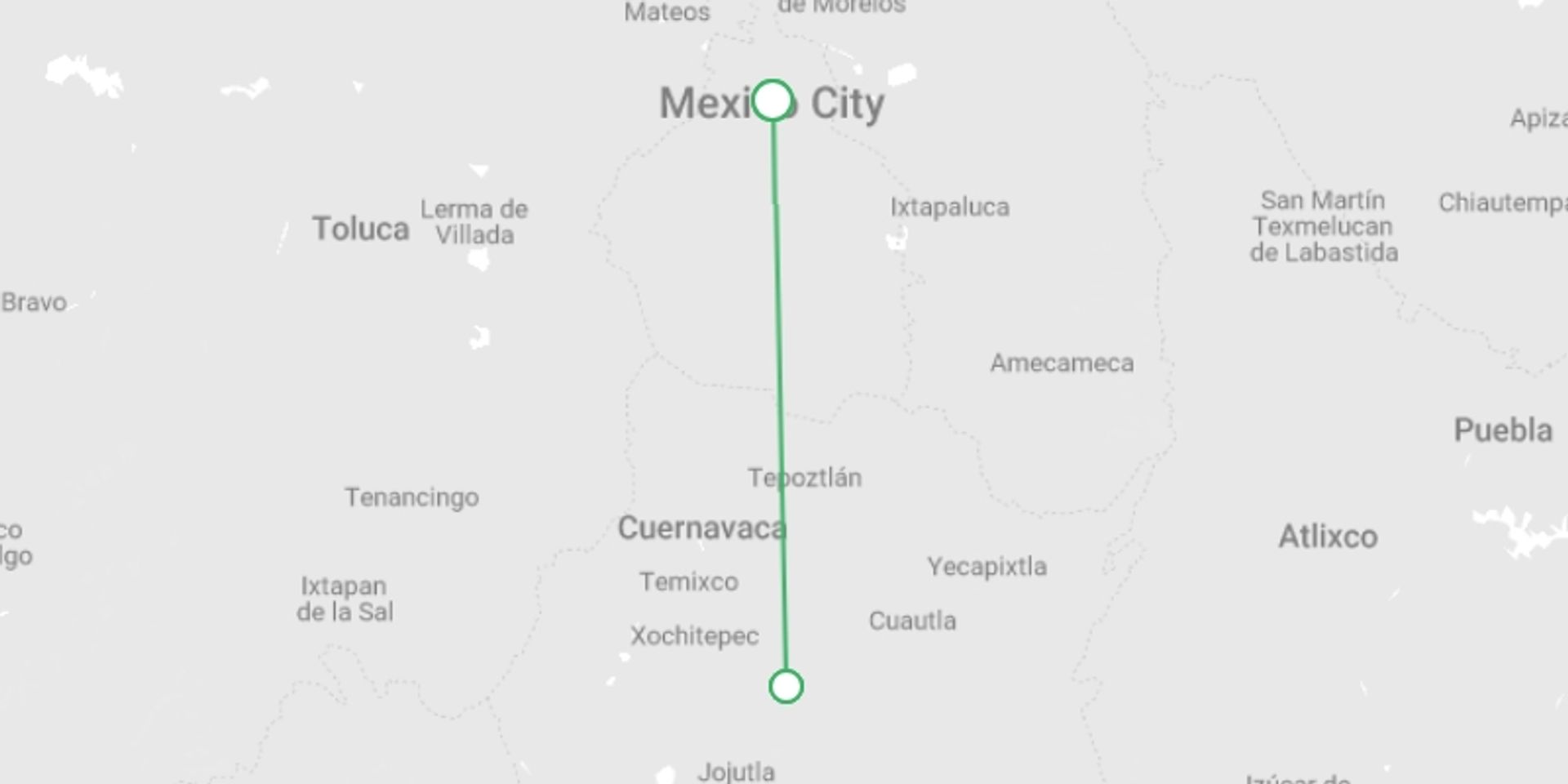 A map showing the tour itinerary for the trip: February 11:  Bahidora Festival 2026, Music, Art, Adventure & Mexico City, starting in Mexico City, Mexico and ending in Mexico City, Mexico going through 1 other destinations.