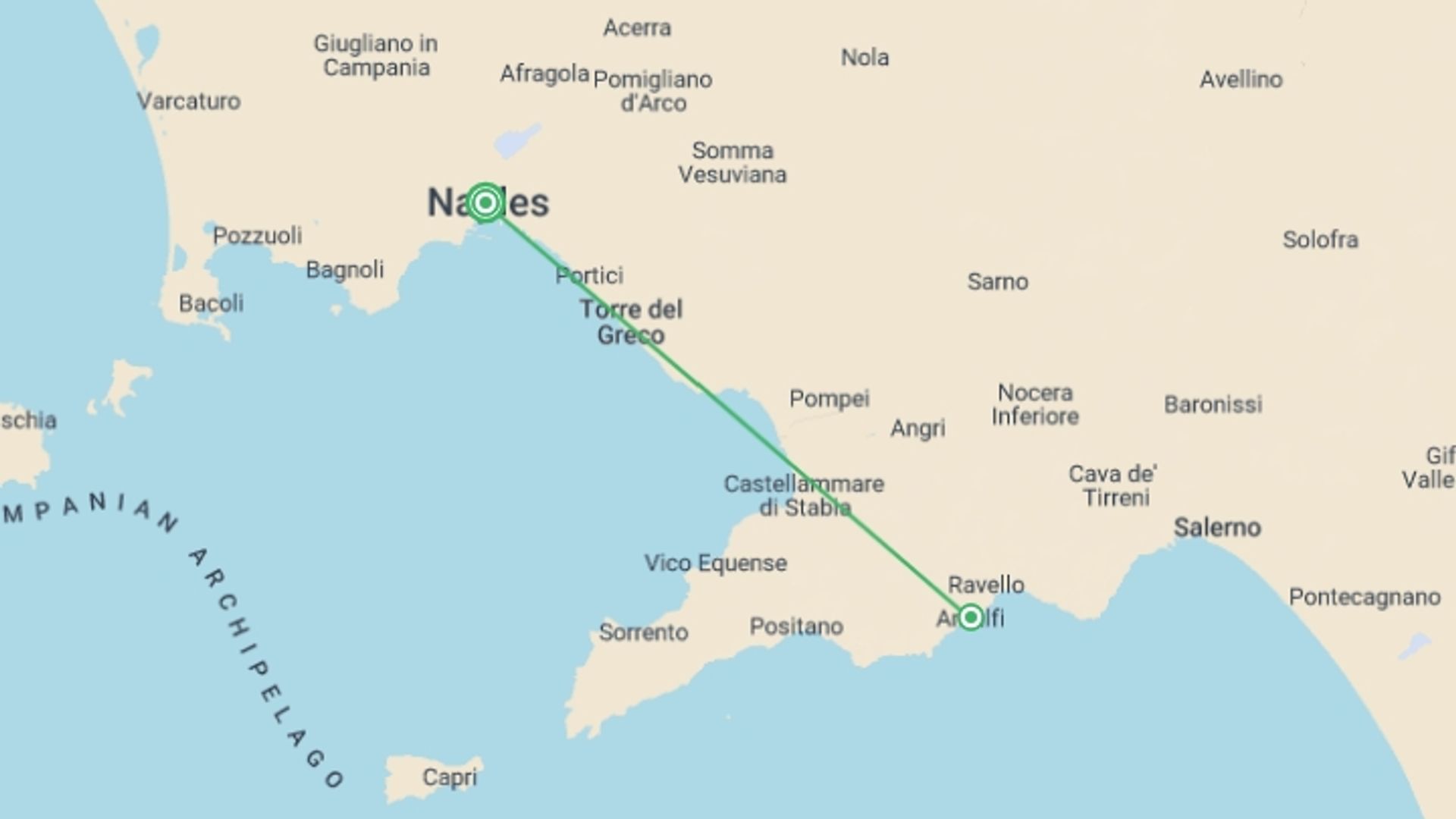 A map showing the tour itinerary for the trip: 5 Days Flavors & Trails Of The Amalfi Coast And Naples, Private Tour, starting in undefined, Italy and ending in undefined, Italy going through 1 other destinations.