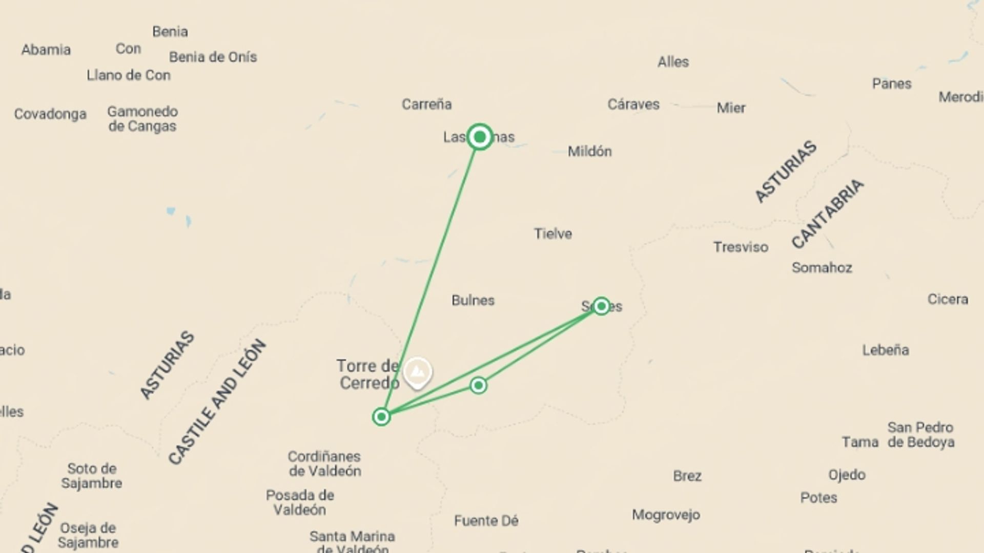 A map showing the tour itinerary for the trip: Hiking in the Picos de Europa, starting in Arenas De Cabrales, Spain and ending in Arenas De Cabrales, Spain going through 3 other destinations.